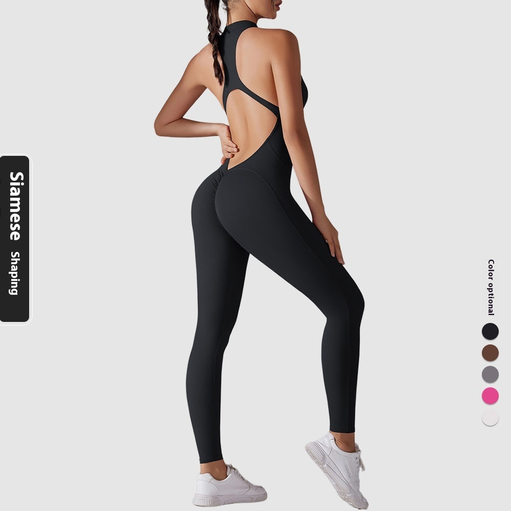 Solid Color Nude Feel High Strength Tight Sports Back Shaping Long Jumpsuit